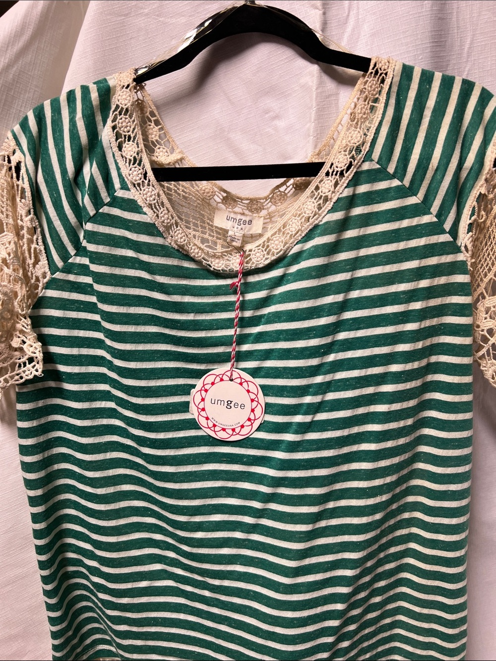 Umgee Green & White Striped Lace Sleeve Tee